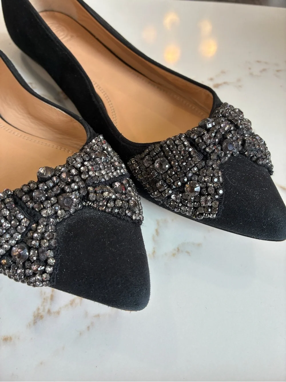 Tory Burch suede Black Pointed-Toe Flats with Gunmetal Bead Embellishment